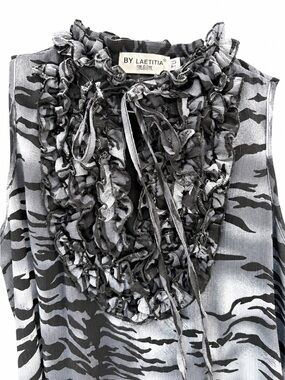 Sleeveless Ruffled Zebra-Print mini dress, gathers above knees. Black and Gray